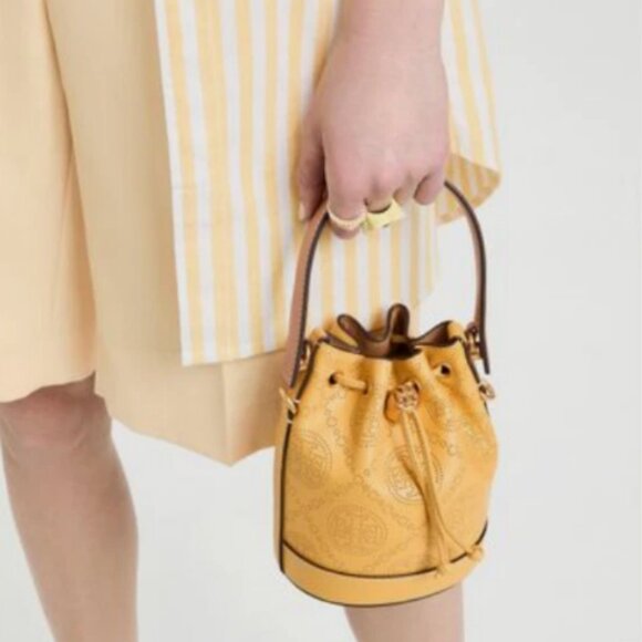 Tory Burch T Monogram Perforated Leather bucket MSRP$488 Statement Piece - Picture 2 of 15